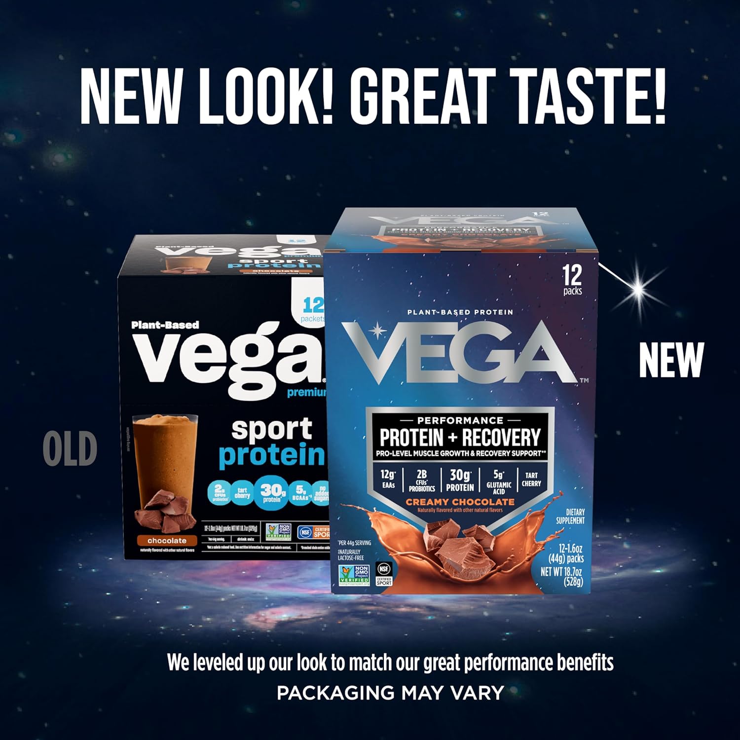 Vega Protein + Recovery - 30g Plant-Based Protein per Serving, Chocolate, 12 x 1.6oz Sachets, 5g BCAAs, Probiotics, NSF Certified, for Shakes & Smoothies, (Packaging May Vary)