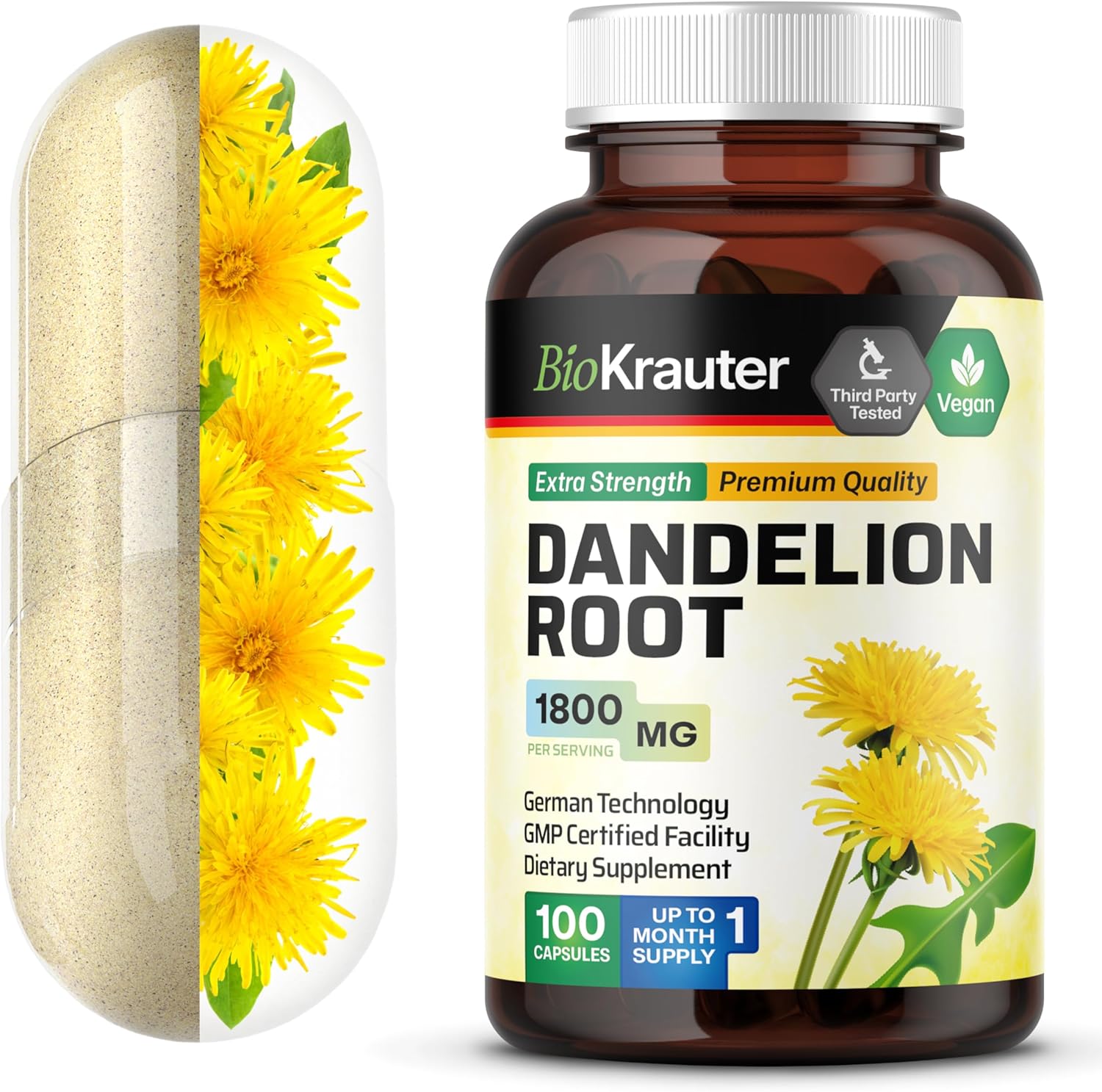 BIO KRAUTER® Dandelion Root Extract - Vegan & Pure Dandelion Root Capsules 1800 mg per Serving 100 Caps - Used for Liver & Kidney Support, Cleanse & Detox - No Fillers, Non-GMO - 33 Days of Supply