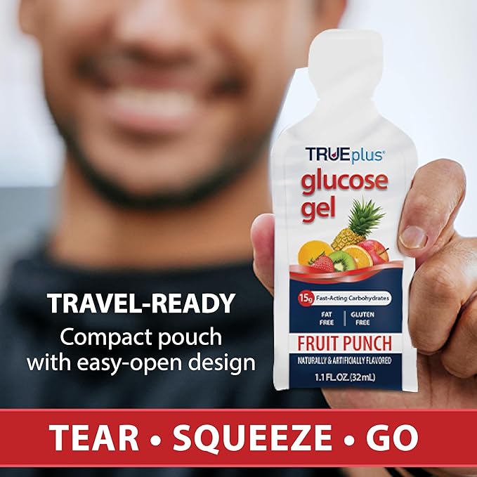 TRUEplus Glucose Gel Pouch, Fruit Punch Flavor, 15g Fast-Acting Carbohydrates, Fat Free, Gluten Free, Quick Support for Low Blood Sugar and Energy, 12 Pack