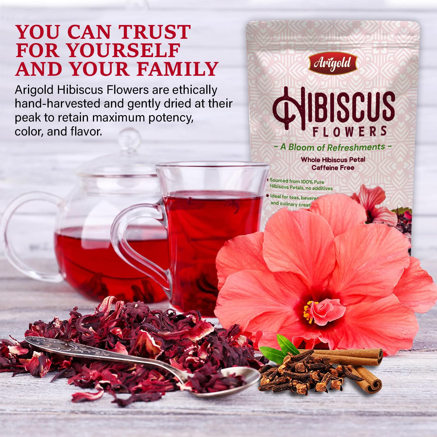 Arigold Pure Whole Petals Hibiscus Tea 1lb – Organic Dried Hibiscus Flowers,Flor de Jamaica, Hibiscus Sabdariffa, Bissap, Sorrel, hibiscus tea loose leaf Herbal Tea for Agua Fresca, Cocktails, Iced Tea & Hot Tea | Caffeine-Free & Rich in Antioxidants.