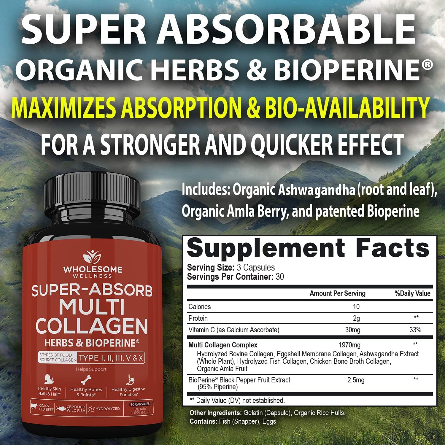 Wholesome Wellness Super-Absorb Multi Collagen Pills (Type I II III V X) Organic Herbs & Bioperine - Hair, Skin, Nails - Hydrolyzed Peptides Protein Supplement for Women & Men (90 Capsules)