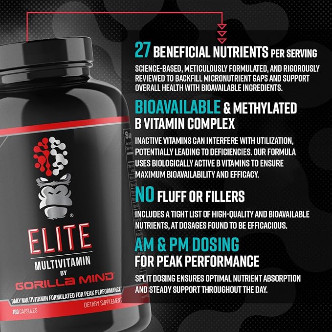 Gorilla Mind Elite Multi-Vitamin (180 Capsules) – Daily Multivitamin Formulated for Peak Performance | 27 Nutrients to Backfill Micronutrient Shortcomings