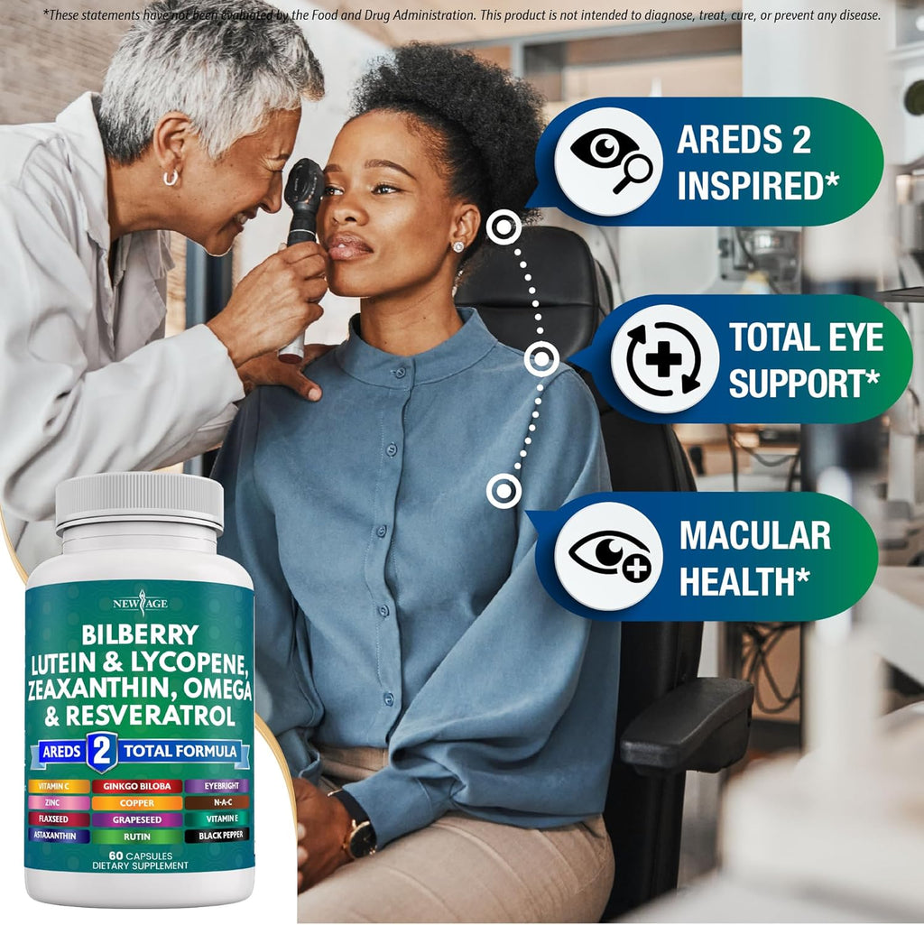 NEW AGE Eye Health Vitamins with Bilberry Lutein & Zeaxanthin Lycopene Resveratrol Grape Seed Extract Astaxanthin - Eye Vitamin - 180 Count