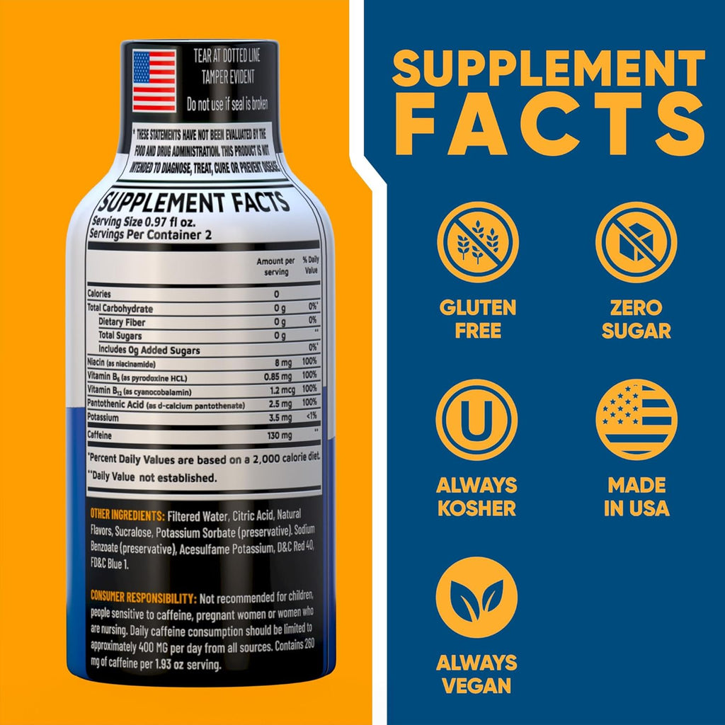 Blue Raspberry Extra Strength Energy Shot 12 pk – 260mg Natural Caffeine B12 B6 – Energy & Focus Support – 2 Servings Sugar Free Zero Calorie Green Tea B-Vitamins Electrolytes Vegan – 1.93 fl oz