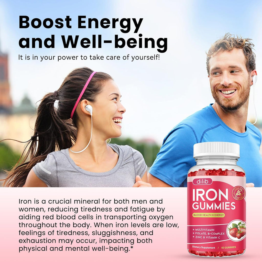 Iron Gummies with Multivitamin, Iron Supplement for Women & Men with Zinc, Vitamin B Complex & C, B12, Folate - Blood Builder & Energy Support for Adults & Kids - Strawberry Flavor, Vegan 60 Gummies