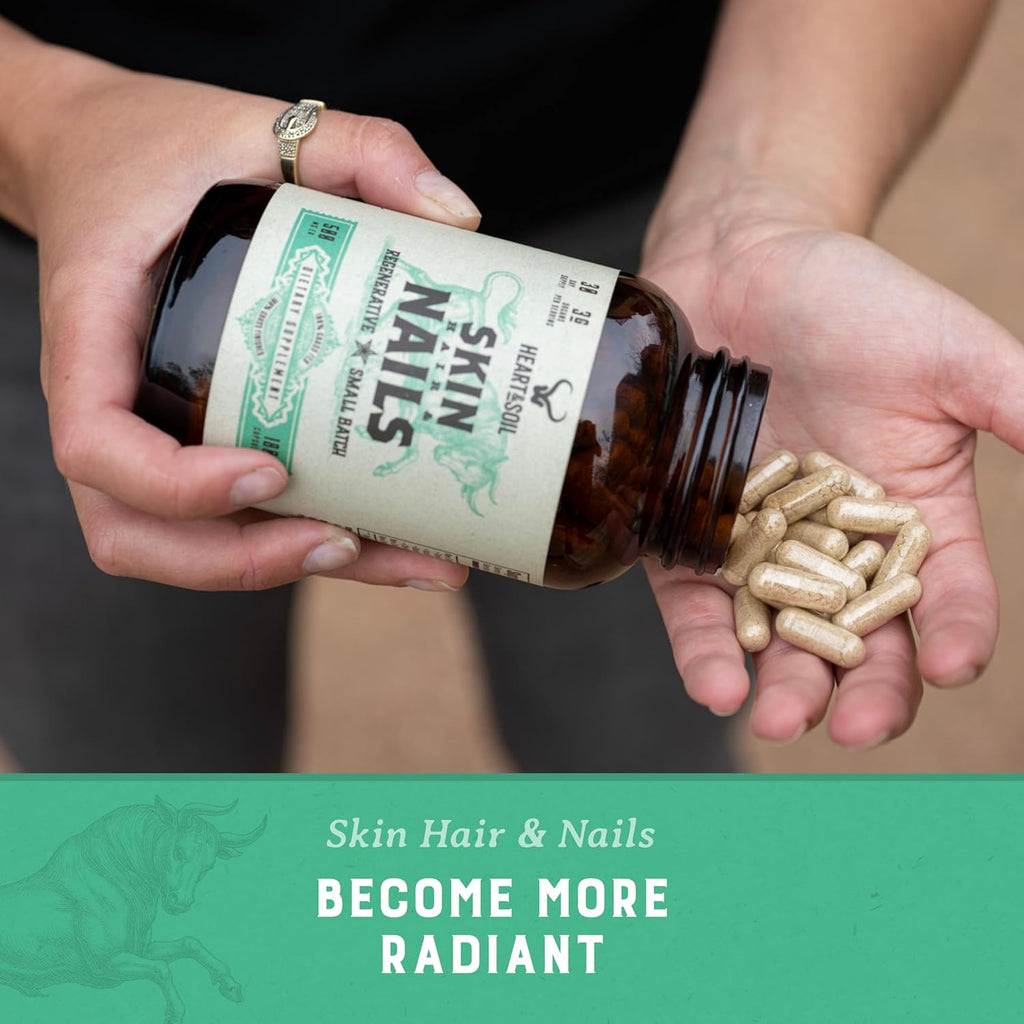 HEART & SOIL – 3000mg Skin, Hair and Nails Support Supplement with Grass Fed Beef Liver, Bone Marrow, Cartilage, Biotin, Collagen, Vitamins A, Riboflavin, Elastin – 180 Capsules