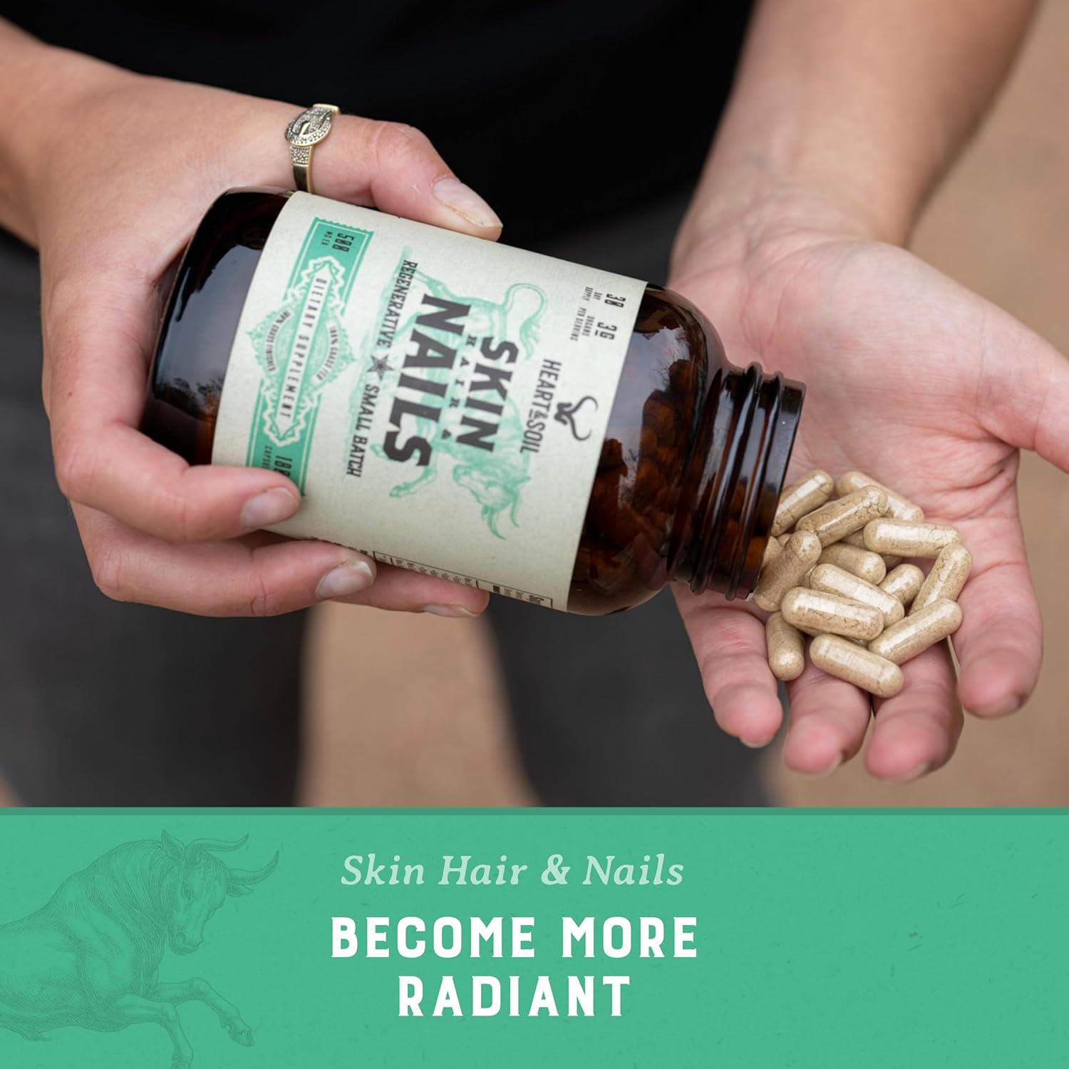 HEART & SOIL – 3000mg Skin, Hair and Nails Support Supplement with Grass Fed Beef Liver, Bone Marrow, Cartilage, Biotin, Collagen, Vitamins A, Riboflavin, Elastin – 180 Capsules