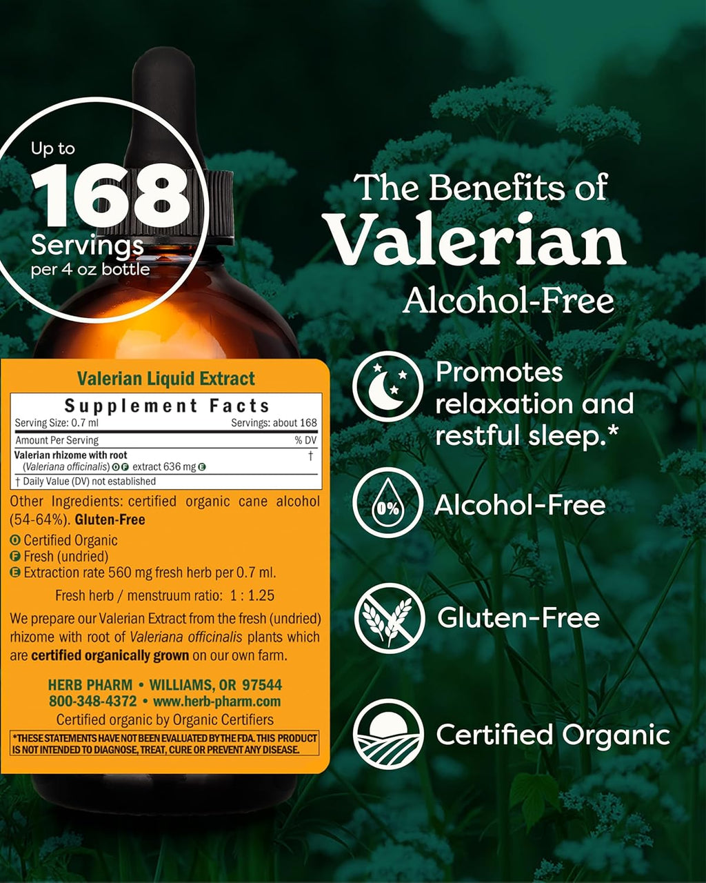 Herb Pharm Certified Organic Valerian Root Liquid Extract for Relaxation and Restful Sleep, Alcohol-Free Glycerite, 4 Ounce