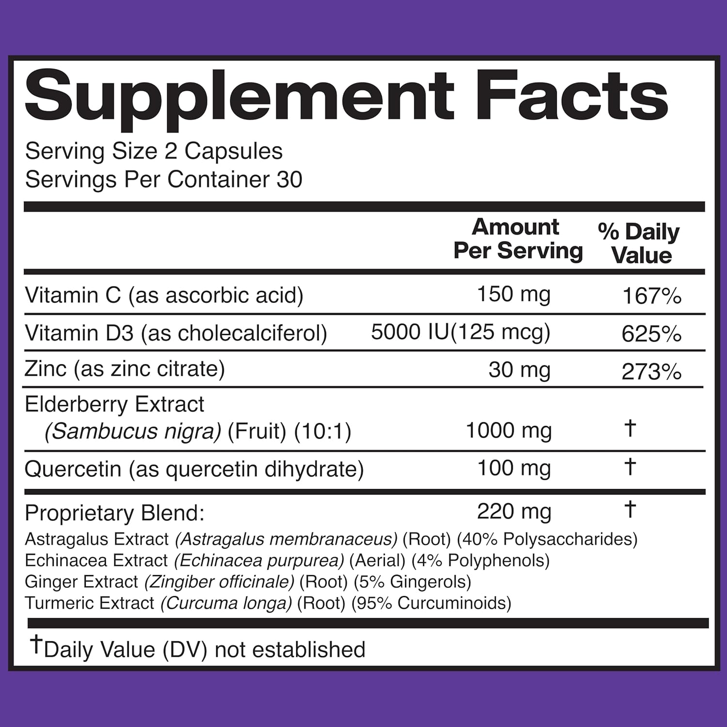 American Standard Supplements Elderberry Extract with Quercetin, Vitamin C, D3, Ginger, Zinc, Turmeric, Astragalus and Echinacea – 60 Capsules, 30 Servings