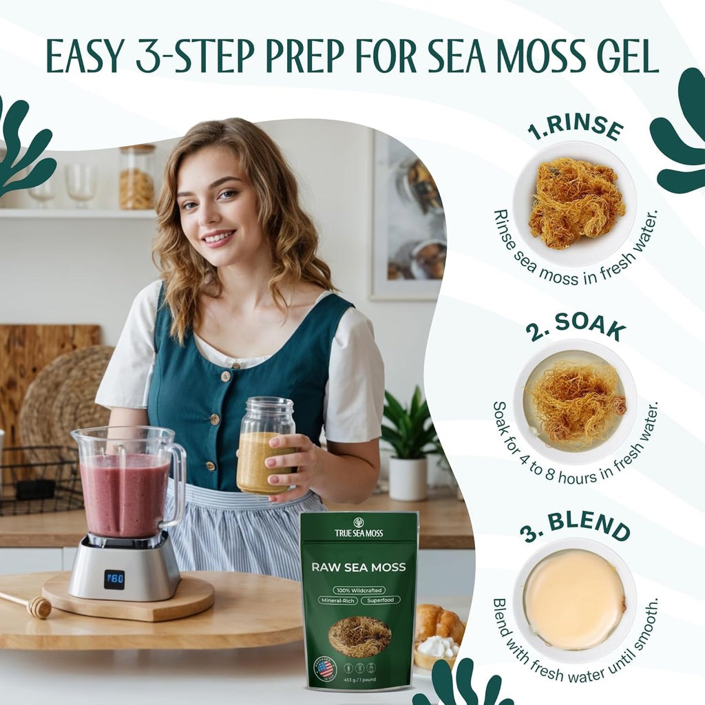 TrueSeaMoss Raw Irish Sea Moss – Wildcrafted Sun-Dried Seaweed for Homemade Gel – Vegan, Non-GMO, Gluten-Free, Additive-Free – 16oz (1 lb) Makes Up to 200oz Gel – Atlantic Harvested