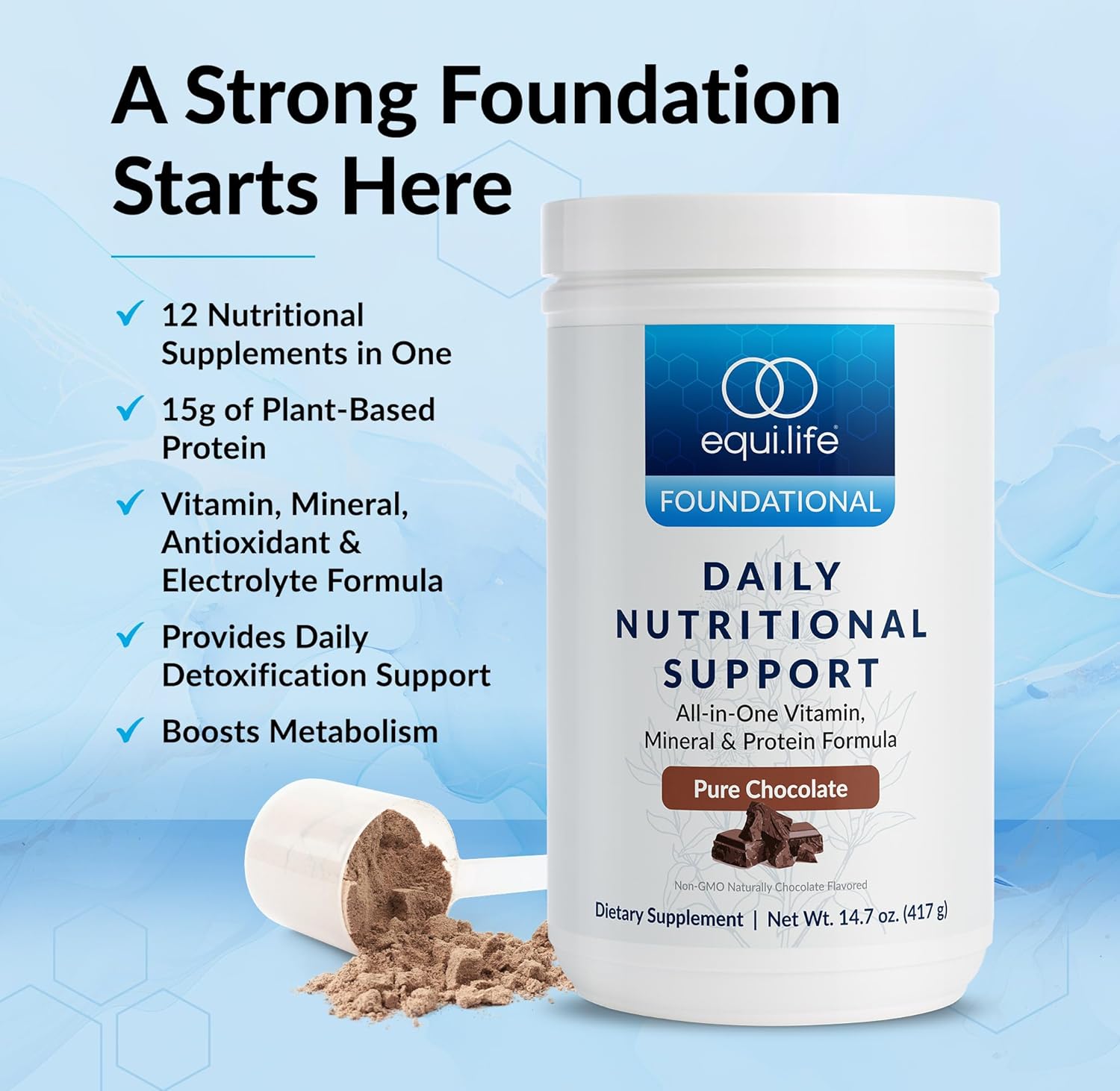 Equilife Daily Nutritional Support, All-in-One Multivitamin Meal Replacement, Pure Chocolate Flavor, 15G Plant Protein, Supports Overall Wellness Including Energy, Digestion, & Skin, 14 Servings Tub
