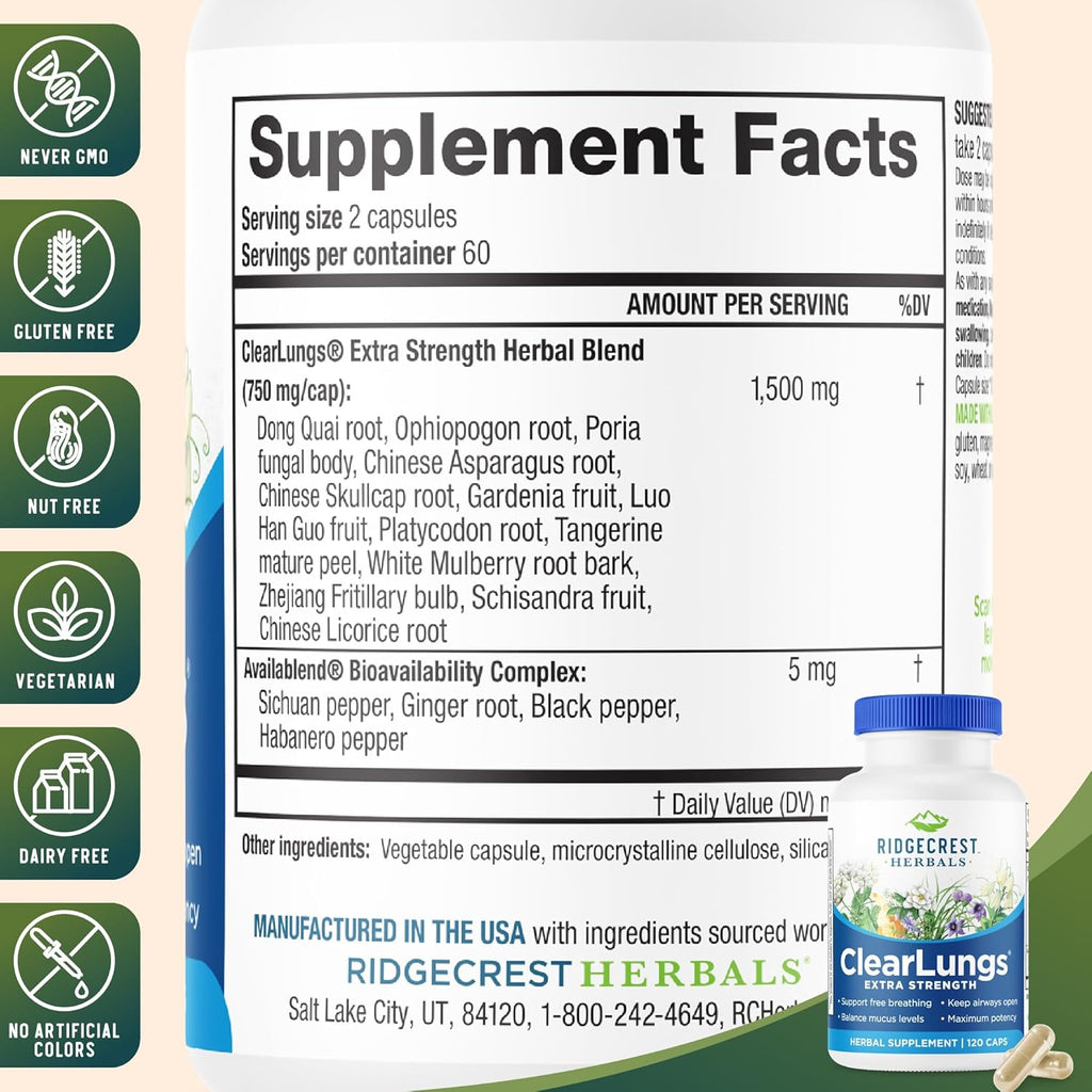 RidgeCrest Herbals ClearLungs Extra Strength, Natural Lung, Nasal Health Formula, Bronchial, Respiratory, Sinus, Mucus Support (120 Caps, 60 Serv)