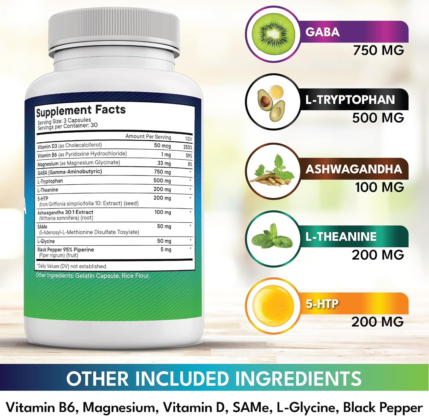 NEW AGE GABA 750mg 5 HTP 200mg L Tryptophan 500mg L Theanine 200mg Ashwagandha SAM-e L-Glycine - Vitamins for Women and Men with L-Tyrosine 5-HTP (5-Hydroxytryptophan) - 90 Count