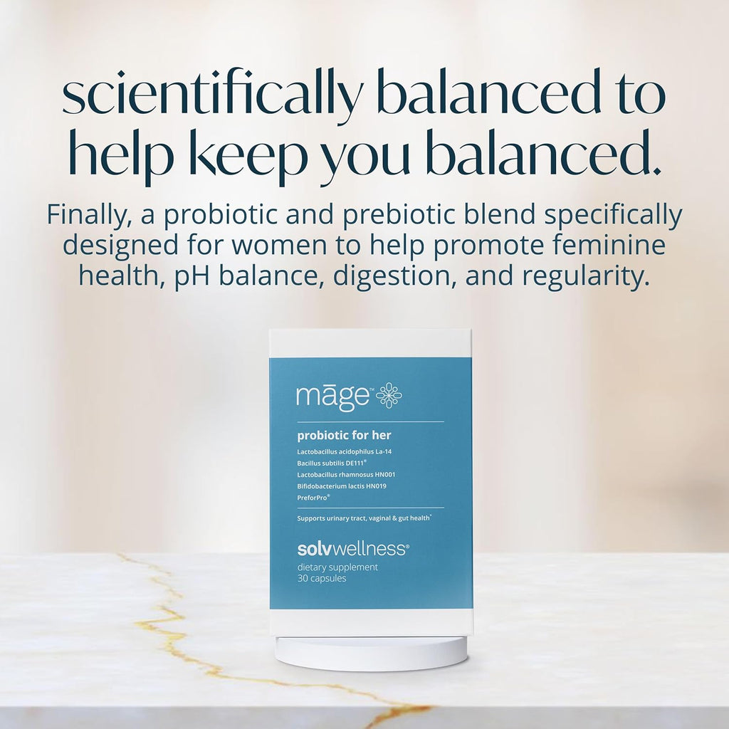 Māge by Solv Wellness Probiotic for Her, Daily Women’s Prebiotic and Probiotics Blend Nutritional Supplements for Digestive, Vaginal PH Balance, Urinary Tract Health Support, 30 Capsules