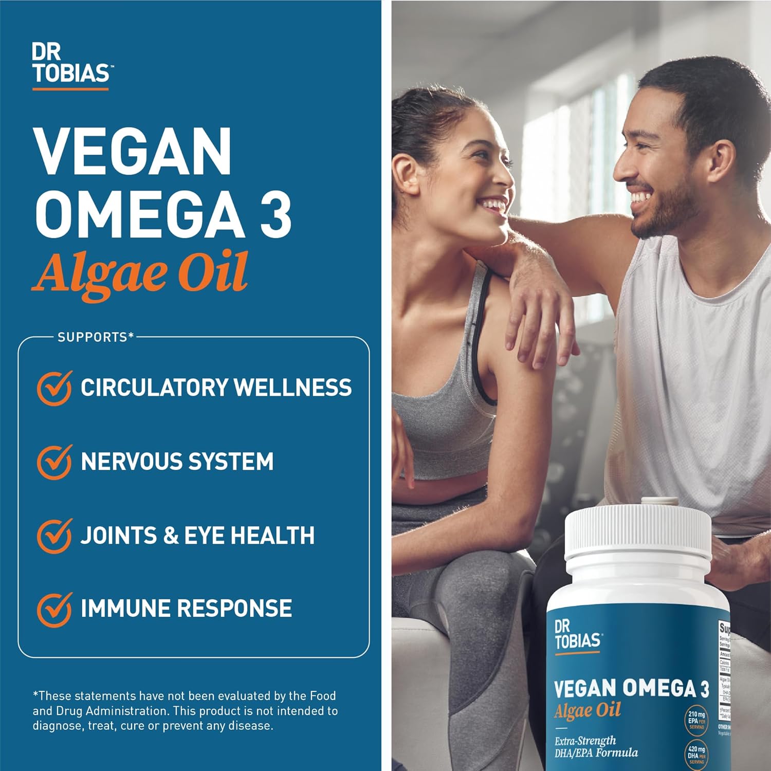 Dr. Tobias Vegan Omega 3 Supplement, 1400mg Algae Oil, 420mg DHA, and 210mg EPA per Serving, Non-GMO, Gluten-Free, Carrageenan-Free, 60 Capsules, 30 Servings