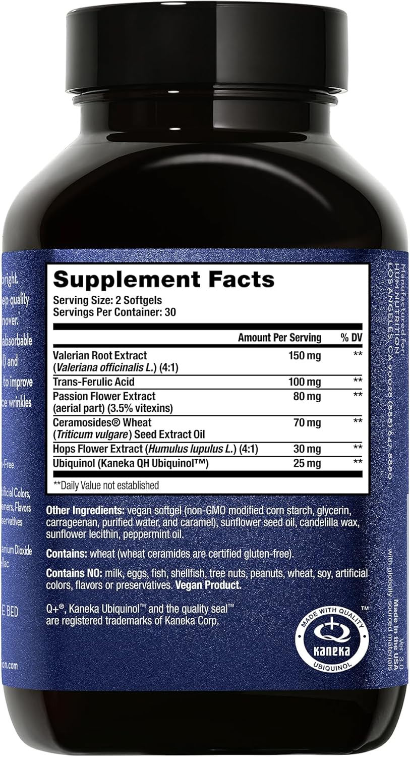 HUM Mighty Night Nighttime Sleep Supplement for Skin Care, CoQ10, Valerian Root & Ferulic Acid to Support Cell Turnover, Skin Vitamins for Women and Men, Overnight Beauty Vitamins, 60 Vegan Softgels