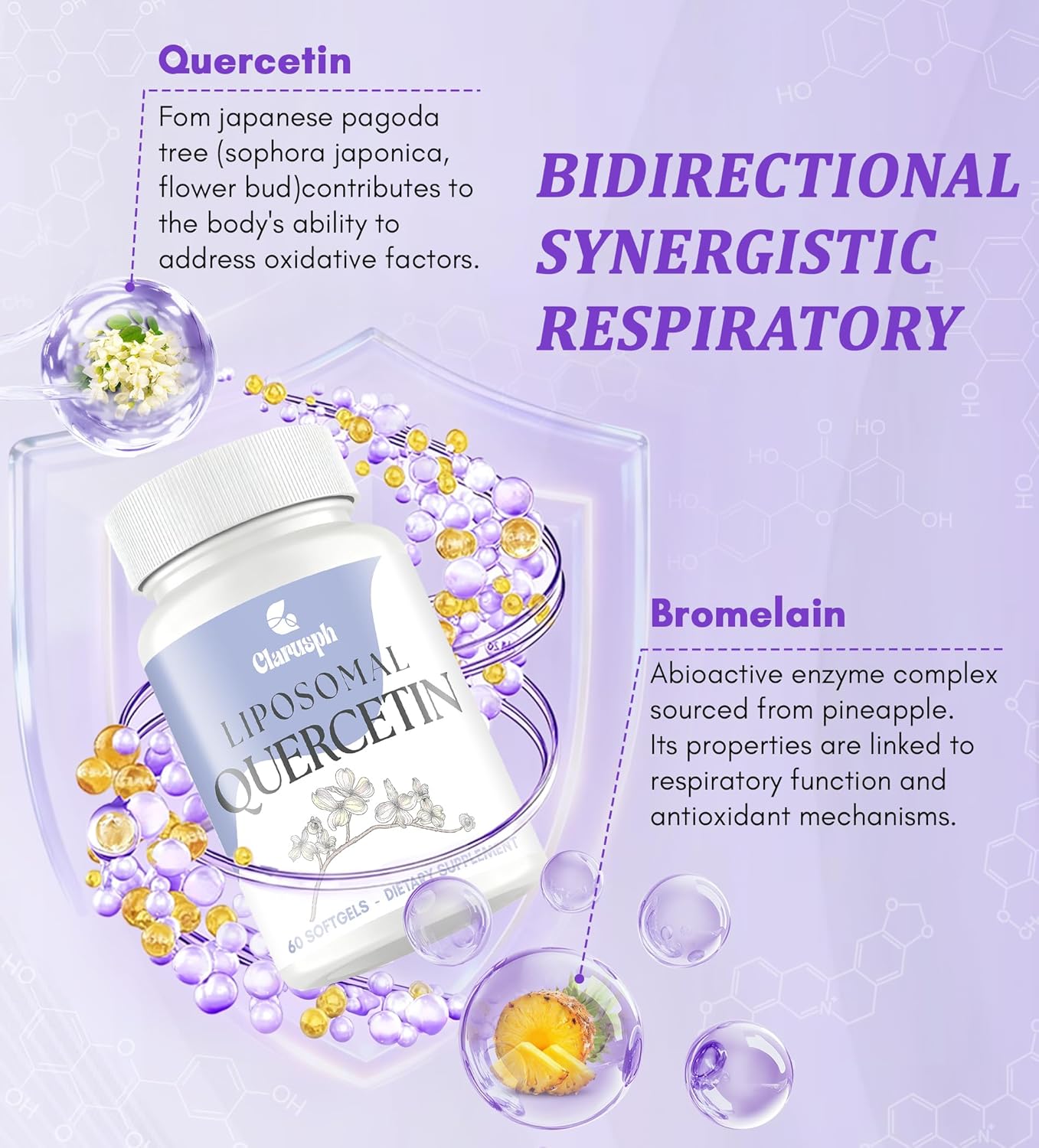 Quercetin with Bromelain | Liposomal Quercetin Supplements for Respiratory & Seasonal Challenges | Quercetin 1000mg with Vitamin C & Zinc | Quercetin Complex Bioflavonoids, 60 Softgels