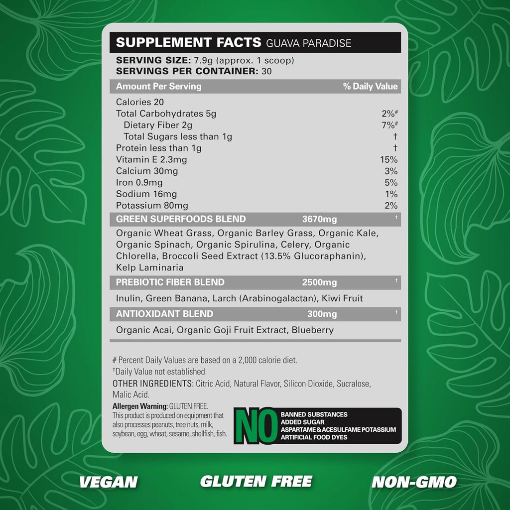 EHP Labs OxyGreens Super Greens Powder - Spirulina & Chlorella Superfood, Green Juice Powder & Greens Supplements with Prebiotic Fibre, Antioxidants & Immunity Support, 30 Serves (Guava Paradise)