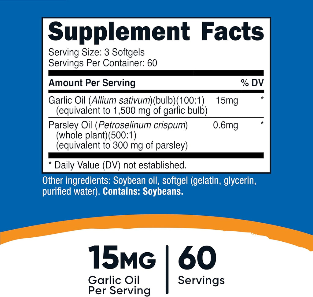 Nutricost Garlic & Parsley Oil (15mg) 180 Softgels - Odorless Garlic & Parsley, GMO-Free, 60 Servings