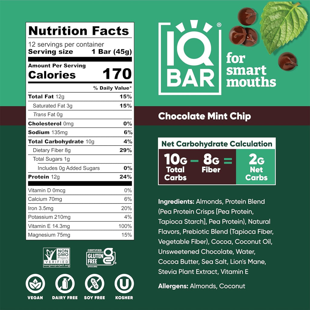 IQBAR Brain and Body Plant Protein Bars - Chocolate Mint Chip - 24-Count - Keto, Vegan, Low Carb, High Fiber, Gluten Free, Dairy Free, Low Sugar Snack with Nutrients for Focus, Energy, Meal Replacement