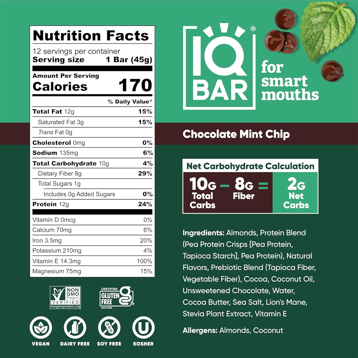 IQBAR Brain and Body Plant Protein Bars - Chocolate Mint Chip - 36-Count - Keto, Vegan, Low Carb, High Fiber, Gluten Free, Dairy Free, Low Sugar Snack with Nutrients for Focus, Energy, Meal Replacement