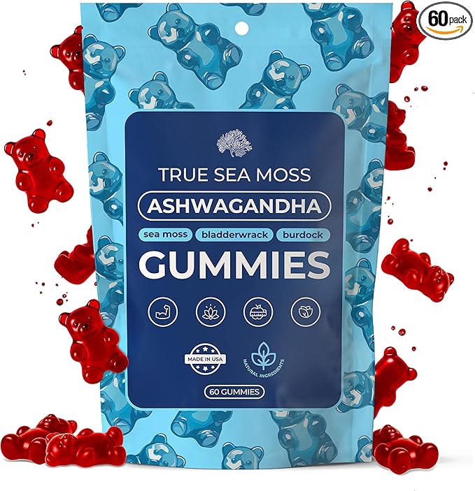 TrueSeaMoss Ashwagandha Gummies for Women & Men – Vegan Formula with Sea Moss, Bladderwrack & Burdock Root – 60 Gummies (30-Day Supply)