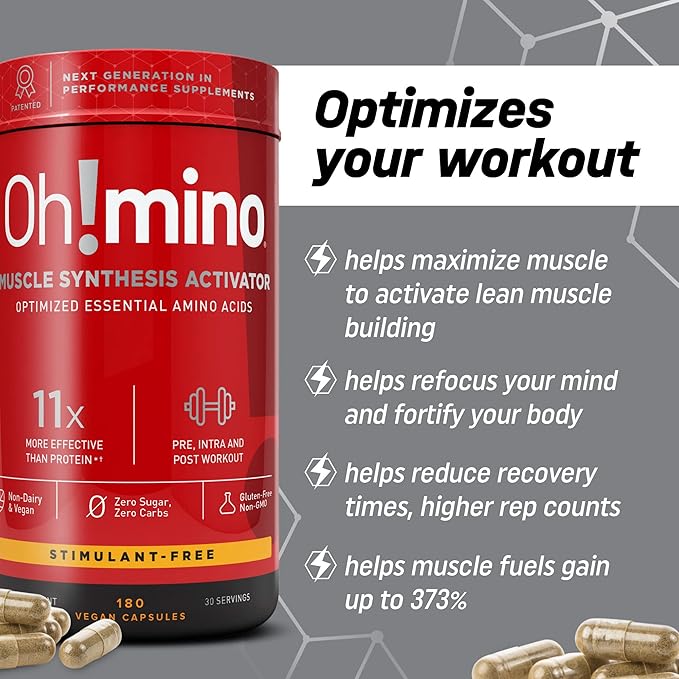 Oh!mino Essential Amino Acids Supplement, Stimulant-Free Capsules, All 9 EAAs, BCAAs, The Perfect Amino for Workouts, Amino Energy, and to Build Muscle, and Recover Faster