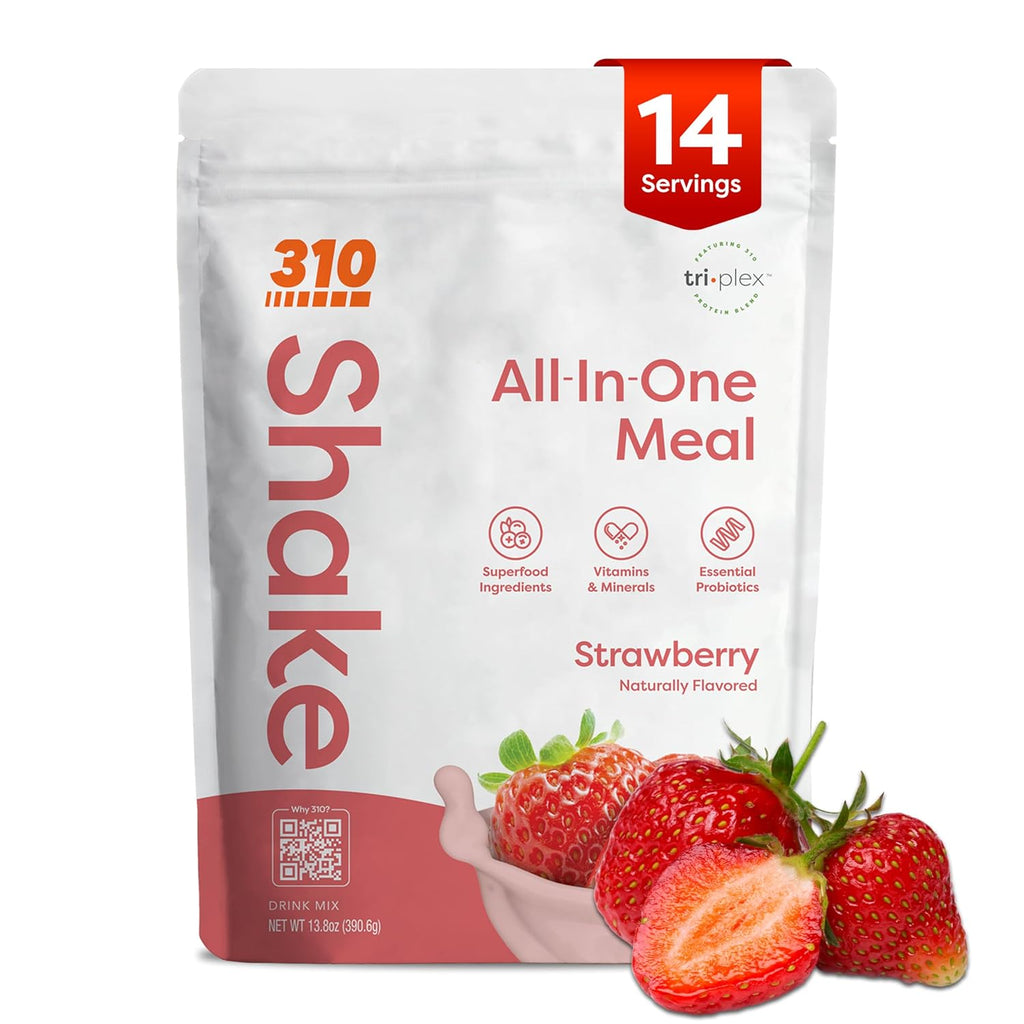310 Nutrition All-In-One Meal Replacement Shake Powder - Plant-Based Protein Smoothie Blend w/High Fiber, Probiotics & Adaptogens - Low Carb, Vegan, Keto & Paleo Friendly - Strawberry - 14 Srv