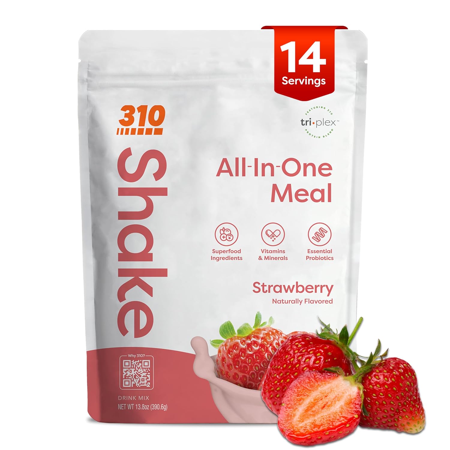 310 Nutrition All-In-One Meal Replacement Shake Powder - Plant-Based Protein Smoothie Blend w/High Fiber, Probiotics & Adaptogens - Low Carb, Vegan, Keto & Paleo Friendly - Strawberry - 14 Srv