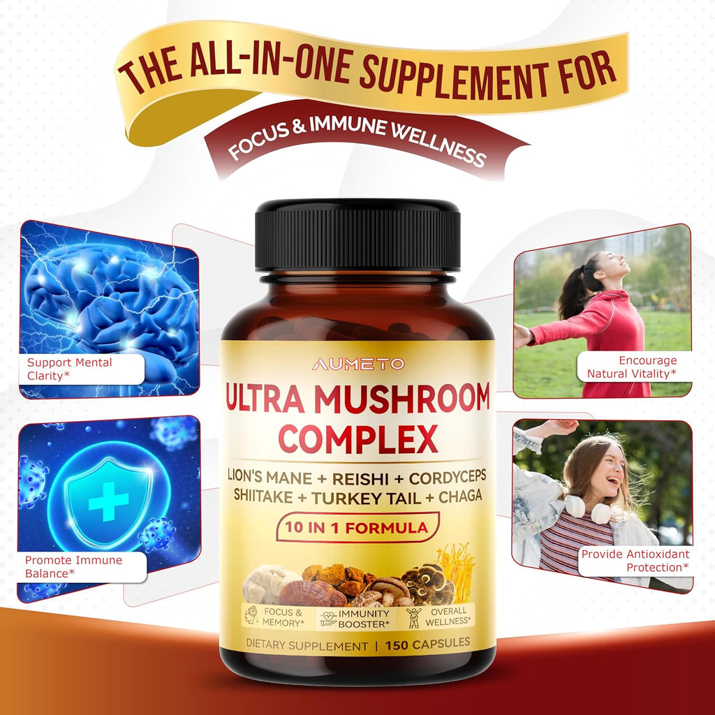 Ultra Mushroom Complex 10 in 1 Formula - with Lion's Mane Reishi Cordyceps Shiitake Turkey Tail Chaga (150 Count (Pack of 1))