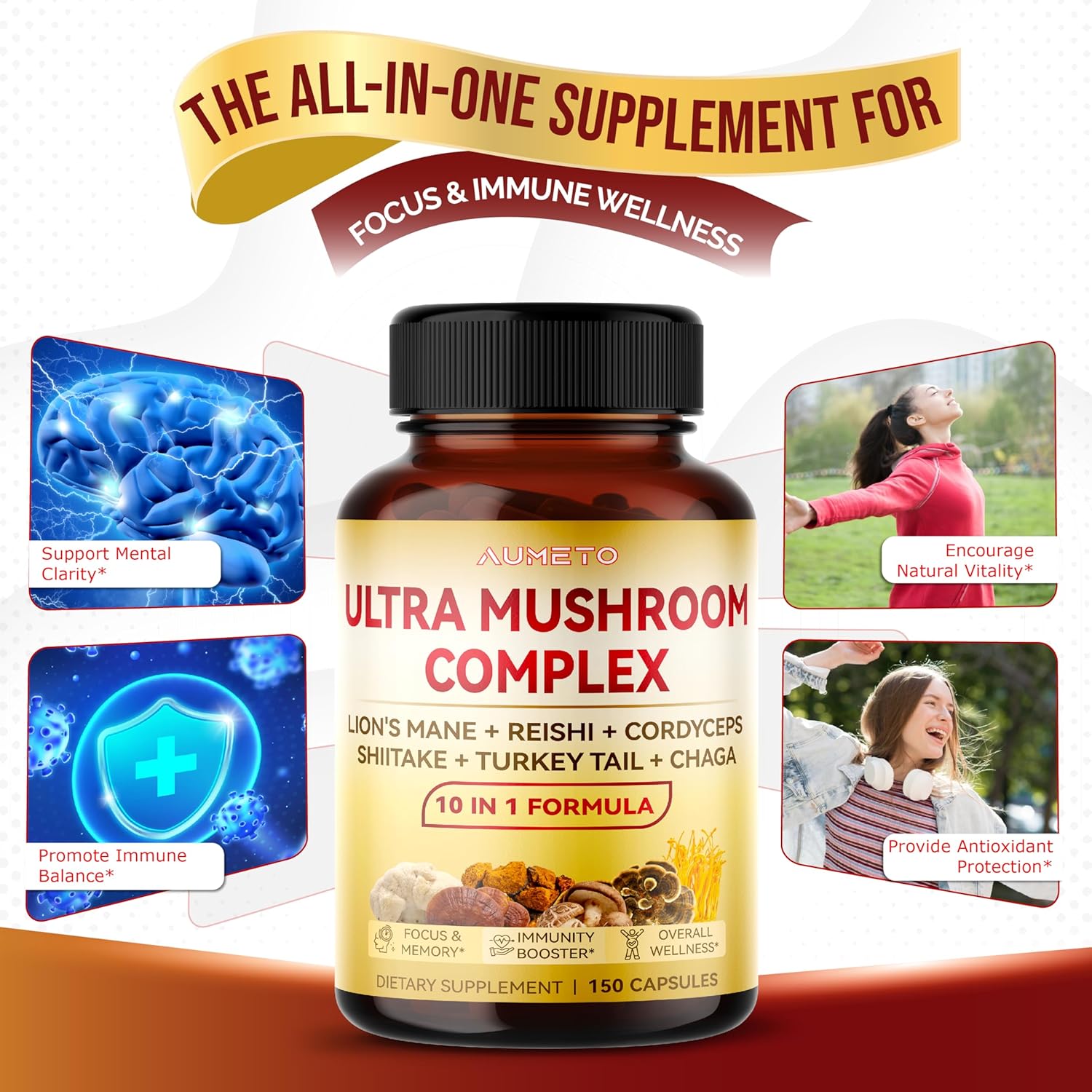 Ultra Mushroom Complex 10 in 1 Formula - with Lion's Mane Reishi Cordyceps Shiitake Turkey Tail Chaga (150 Count (Pack of 1))