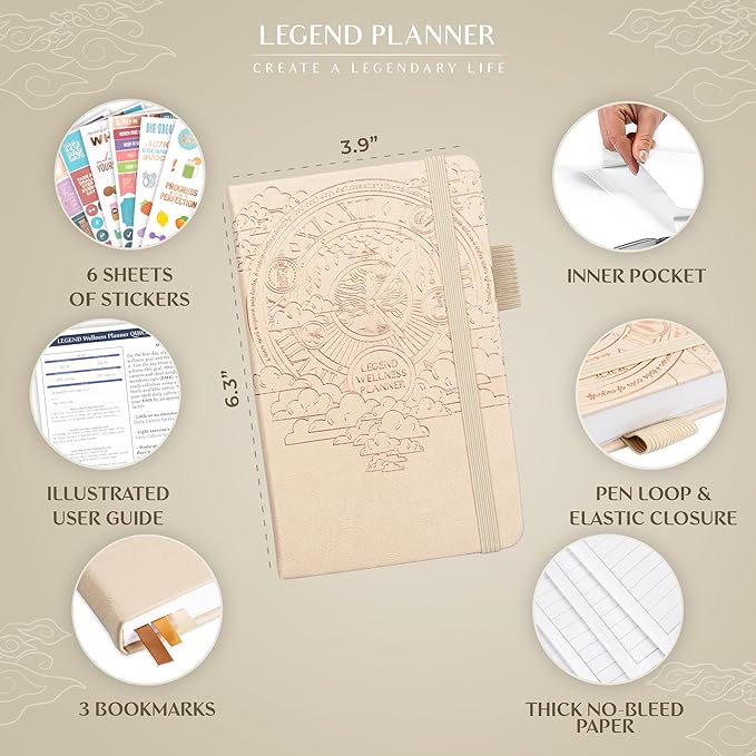 Legend Wellness Planner & Food Journal Pocket – Daily Diet & Health Journal with Weight Loss, Measurement & Exercise Trackers – Lifestyle & Nutrition Diary – Lasts 6 Months, 3.9x6.3″ – Seashell