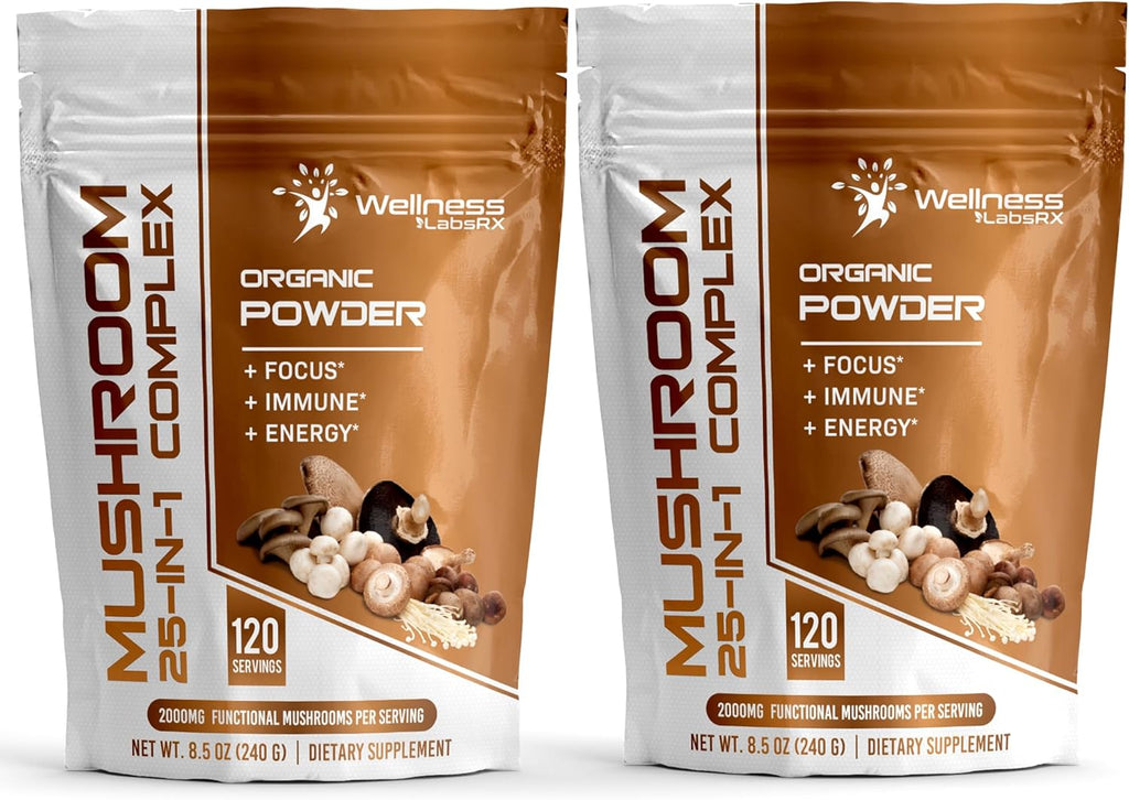 Mushroom Powder, 25 in 1 Mushrooms Supplement - 2000mg, 25 Superfood Mishroom Lions Mane Powder with Chaga, Shiitake, Cordyceps, Reishi - Lion's Mane Mushroom - Pack of 2
