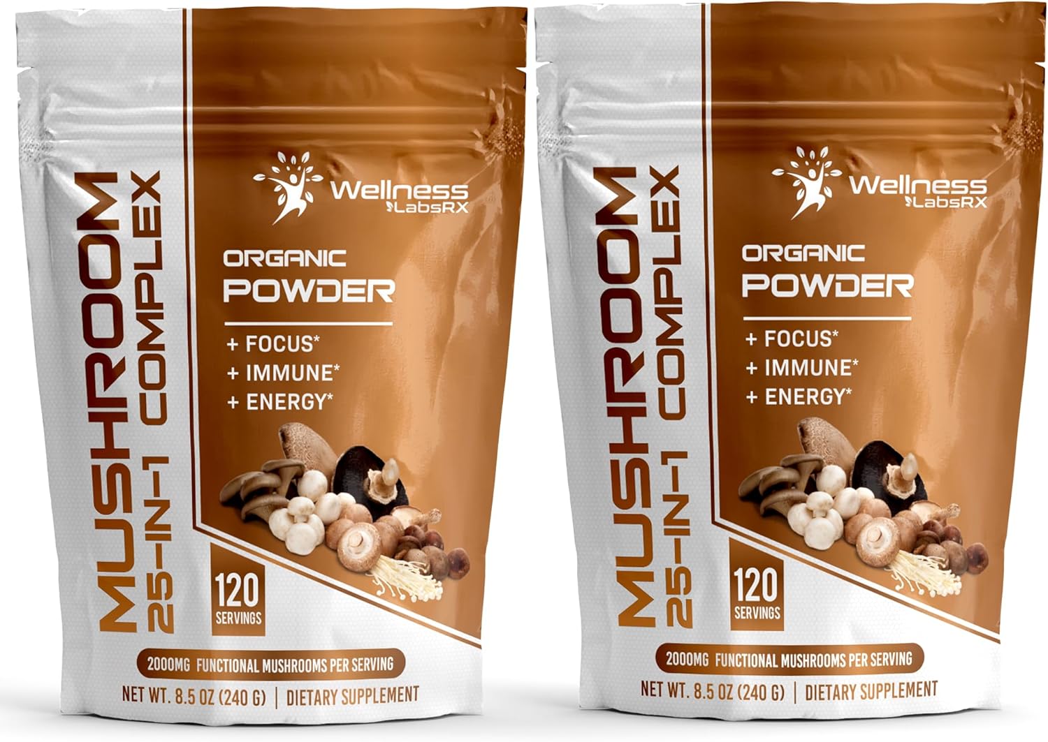 Mushroom Powder, 25 in 1 Mushrooms Supplement - 2000mg, 25 Superfood Mishroom Lions Mane Powder with Chaga, Shiitake, Cordyceps, Reishi - Lion's Mane Mushroom - Pack of 2