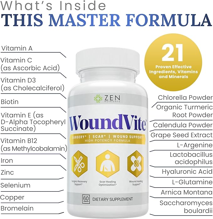 Zen Nutrients WoundVite Pre & Post Surgery Support, Scar & Wound Care, Scar Treatment, Plastic & General Surgery, Heal Faster & Aids in Recovery Time w/Bromelain, Turmeric & Arnica - 60 Vegan Caps