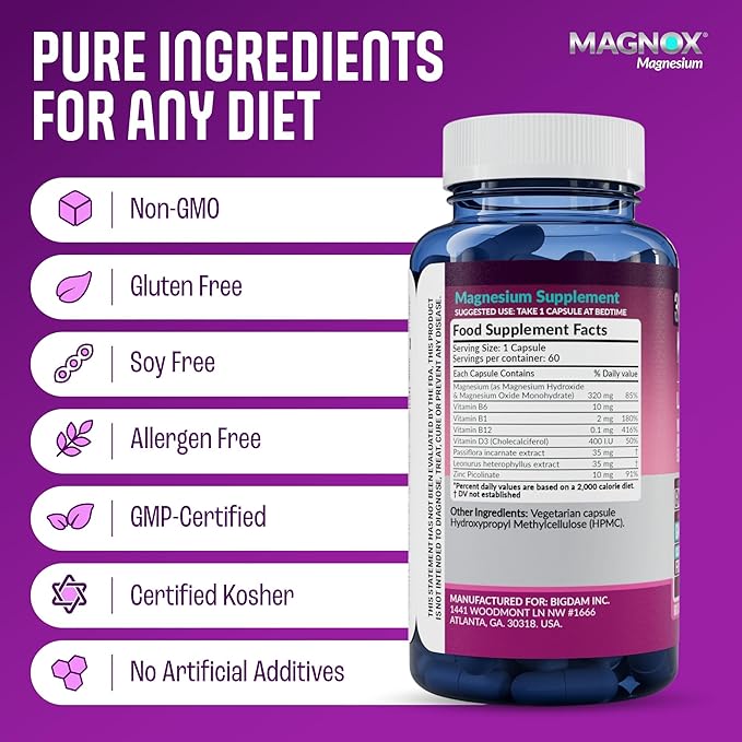 MAGNOX® Lady Magnesium Supplement | Menopause and PMS Support Supplement for Women | Magnesium Complex with Vitamins B6, B1, B12, D, Zinc | High-Absorption Dead Sea Organic Magnesium | 60 Capsules