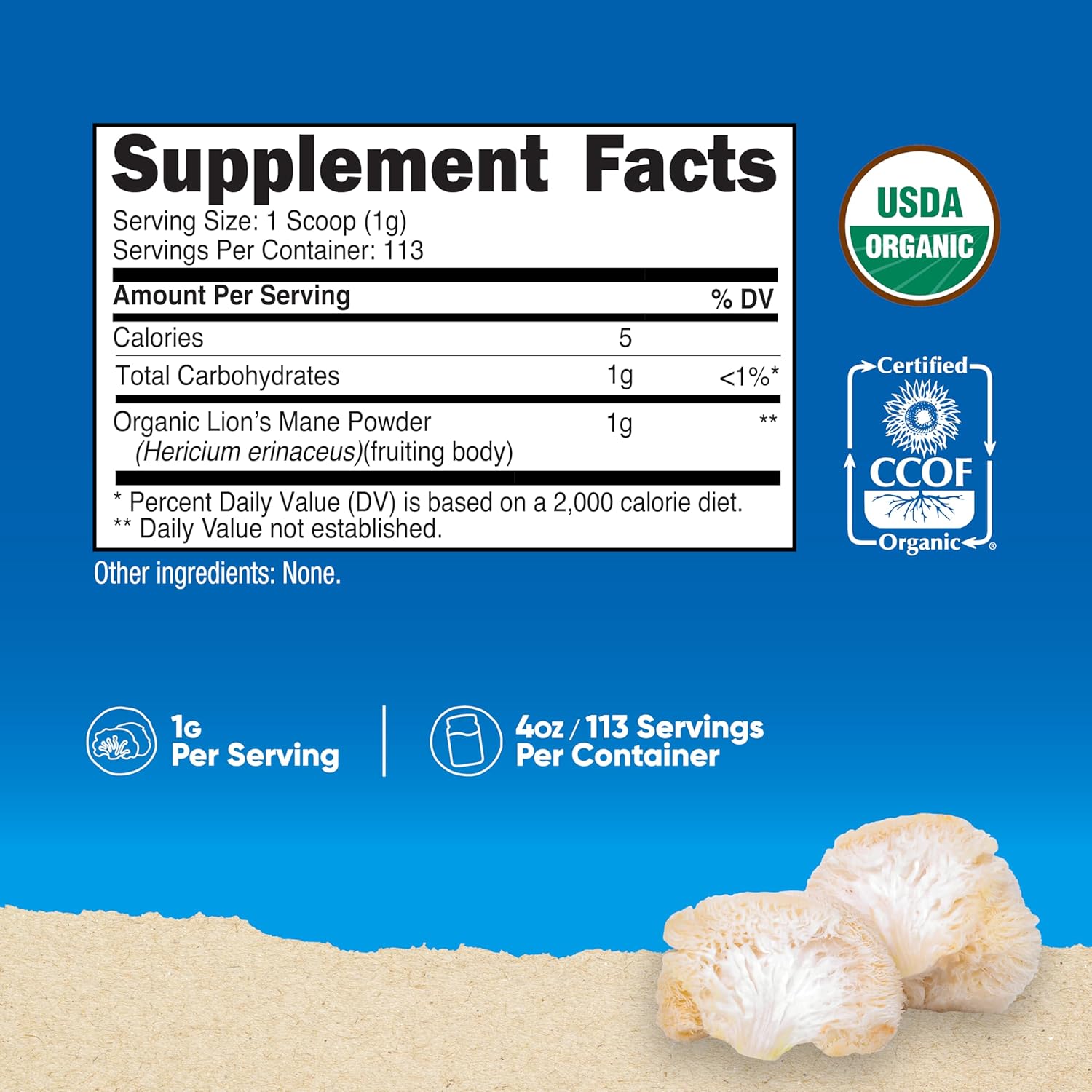 Nutricost Organic Lion's Mane Mushroom Powder 4oz - Certified USDA Organic