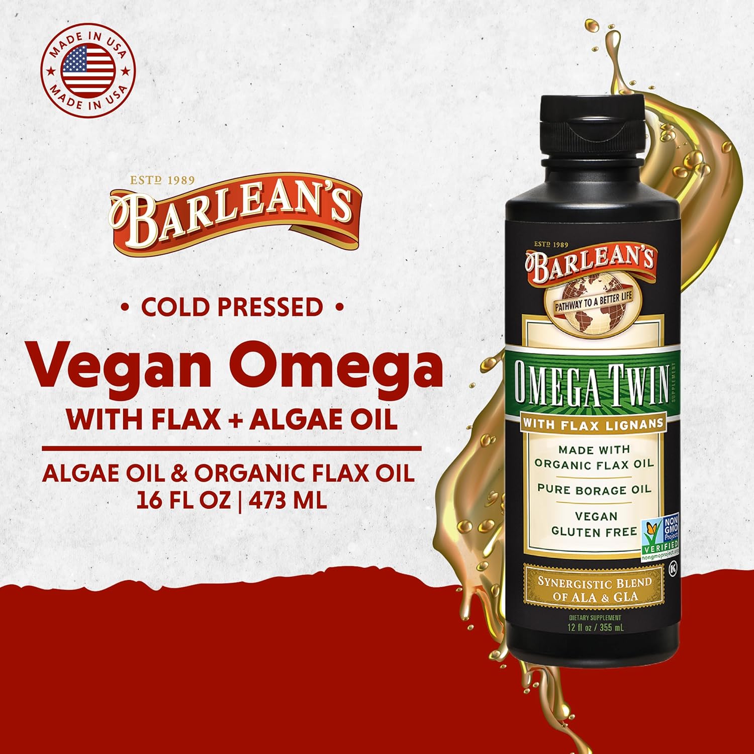 Barlean's Omega Twin Liquid Flaxseed Oil and Pure Borage Oil Supplement with Lignans, 6,010mg ALA and 465mg GLA Omega Fatty Acids from Organic Flax Seed and Cold Pressed Borage Seeds, 12 oz