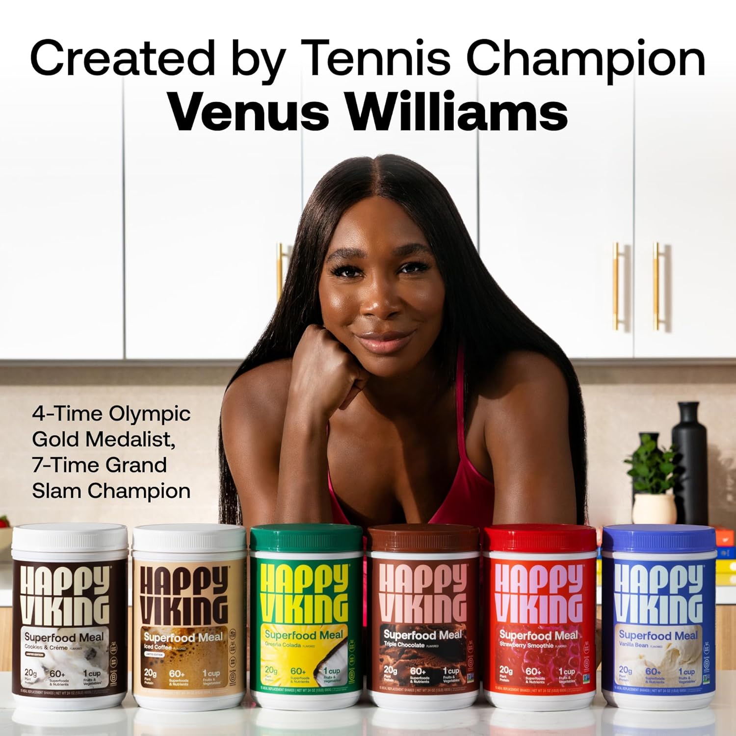 Happy Viking Cookies and Cream Plant Protein Powder, Created by Venus Williams, 20G Protein, Low Carb, Keto, Vegan, Gluten-Free, Non-GMO, Superfoods, Complete Meal Replacement, 1 Canister