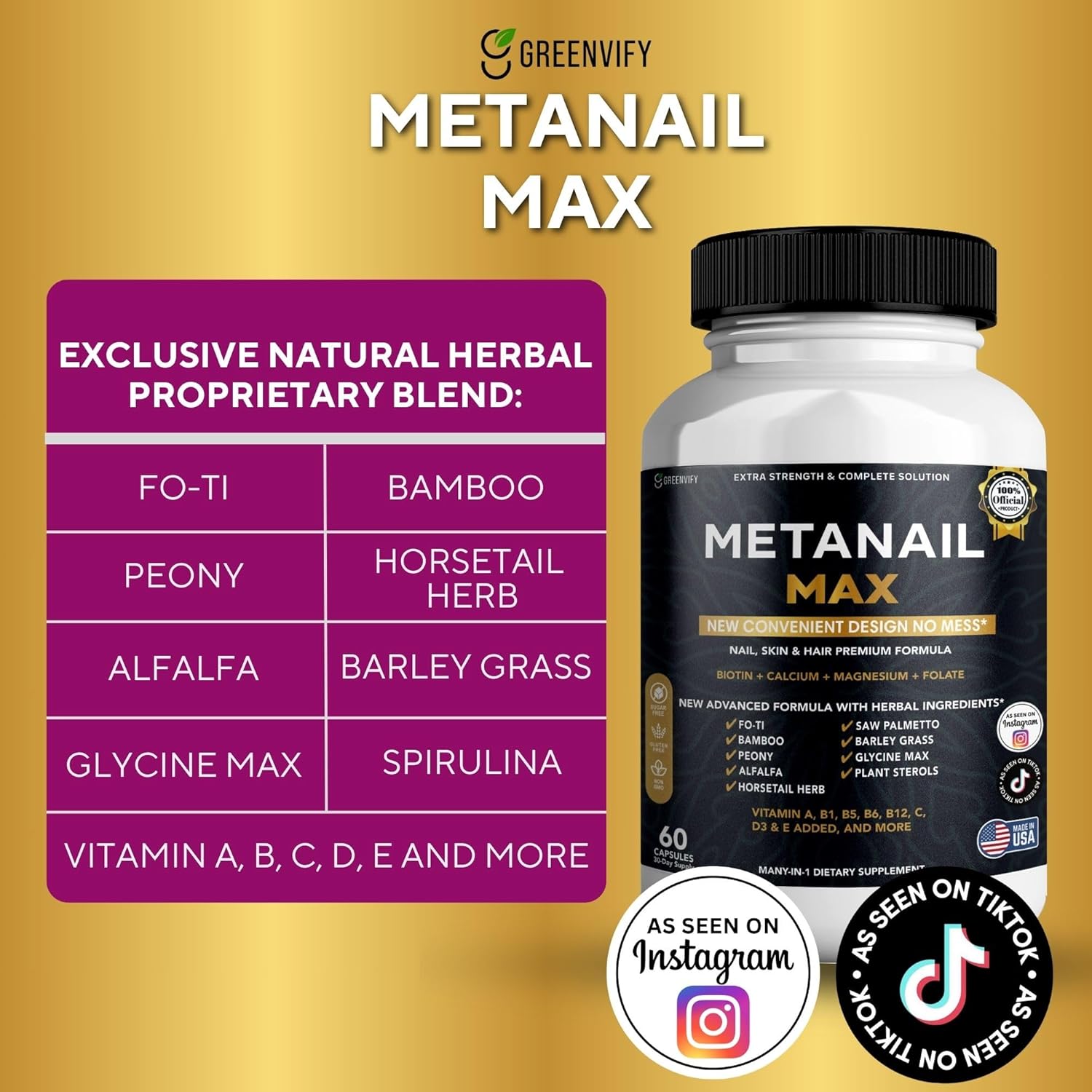 Metanail Max Hair, Skin & Nail Supplement, 60 Capsules, with Biotin 5000mcg, Vitamins & Herbal Blend (5)