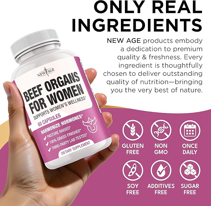 NEW AGE Beef Organ Supplement for Women - Beef Liver, Kidney, Heart and Uterus Tissue, Supports Women's Overall Energy and Health - Pasture Raised, Grass Fed - No Fillers - 60 Capsules