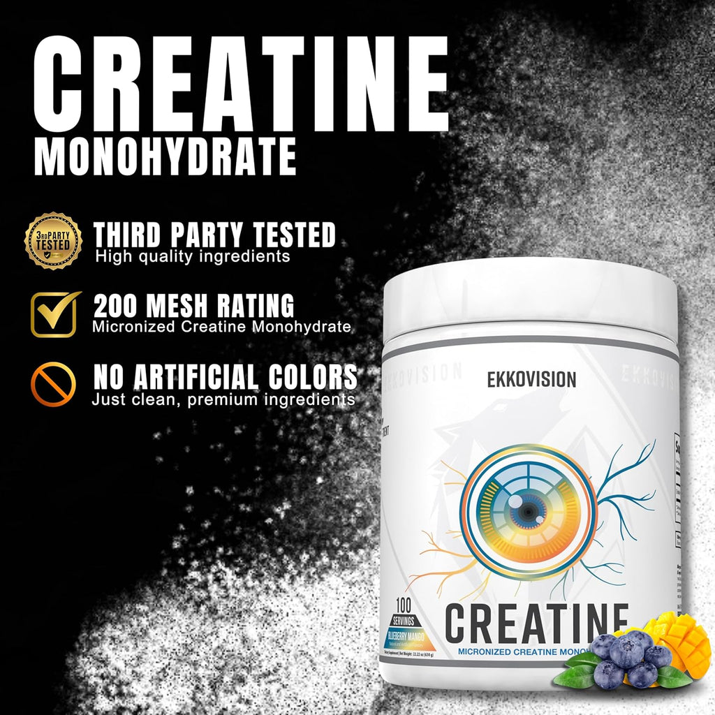 Ekkovision Creatine Monohydrate Powder, Micronized, Blueberry Mango, Pre Workout & Post Workout Supplement for Men and Women, Energy Support, Easy to Mix in Shakes, Smoothies & Beverages, 100 Servings