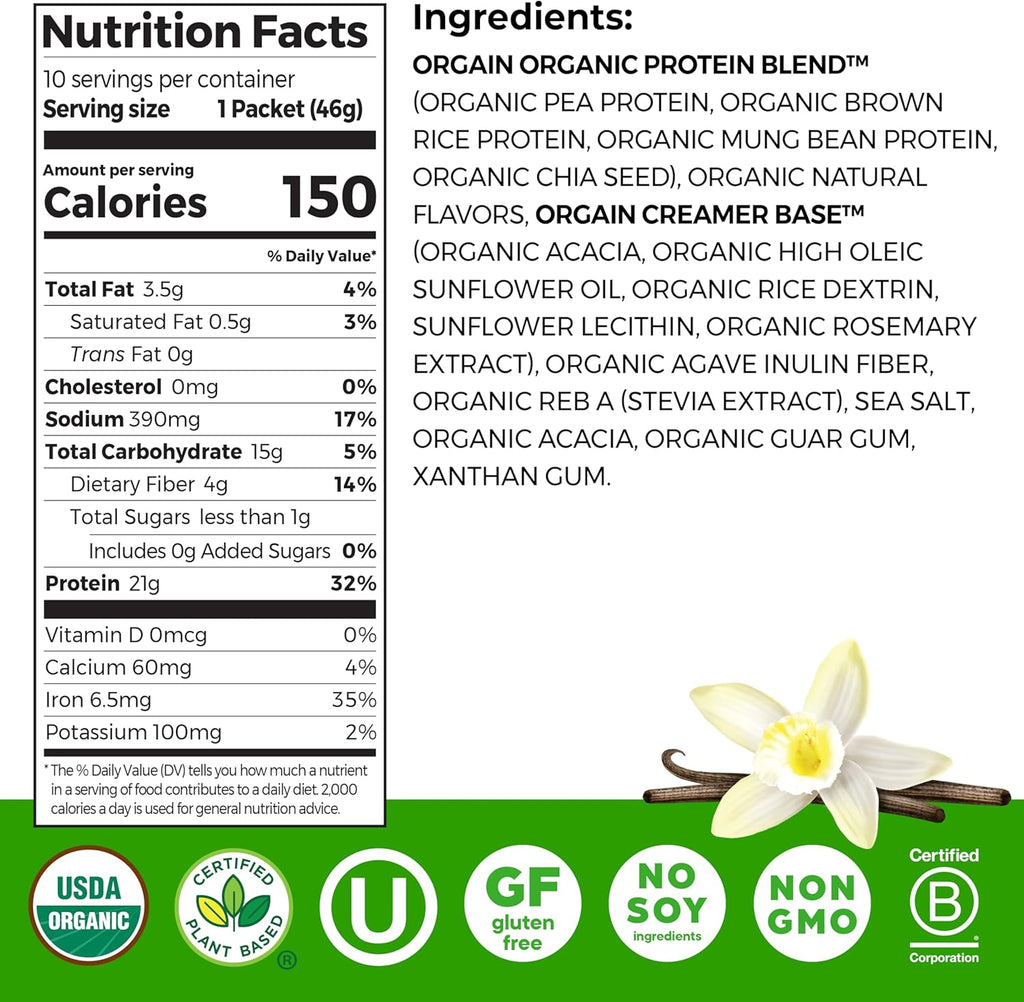 Orgain Organic Vegan Protein Powder, Vanilla Bean - 21g Plant Protein, 5g Prebiotic Fiber, Low Carb, No Lactose Ingredients, No Added Sugar, Non-GMO, For Shakes & Smoothies, 10 Travel Packs