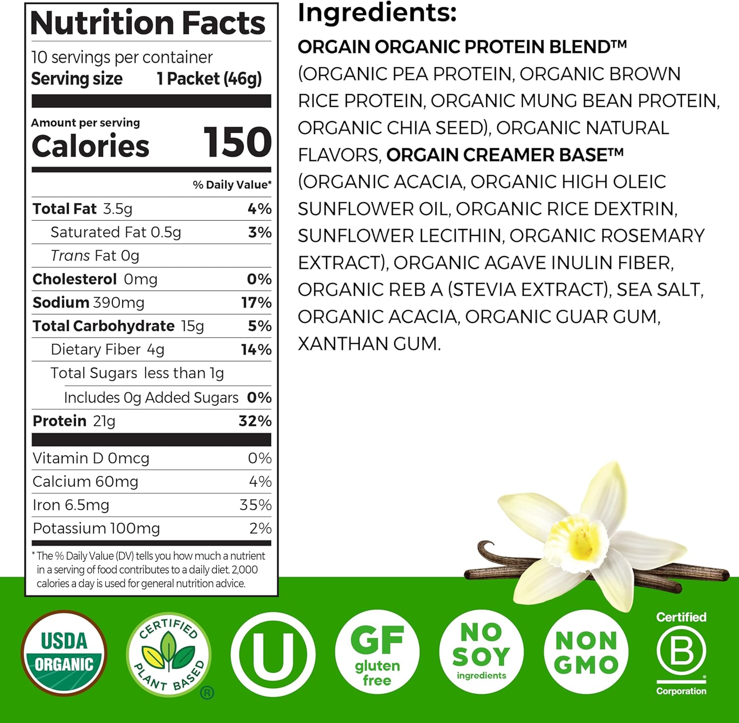 Orgain Organic Vegan Protein Powder, Vanilla Bean - 21g Plant Protein, 5g Prebiotic Fiber, Low Carb, No Lactose Ingredients, No Added Sugar, Non-GMO, For Shakes & Smoothies, 10 Travel Packs