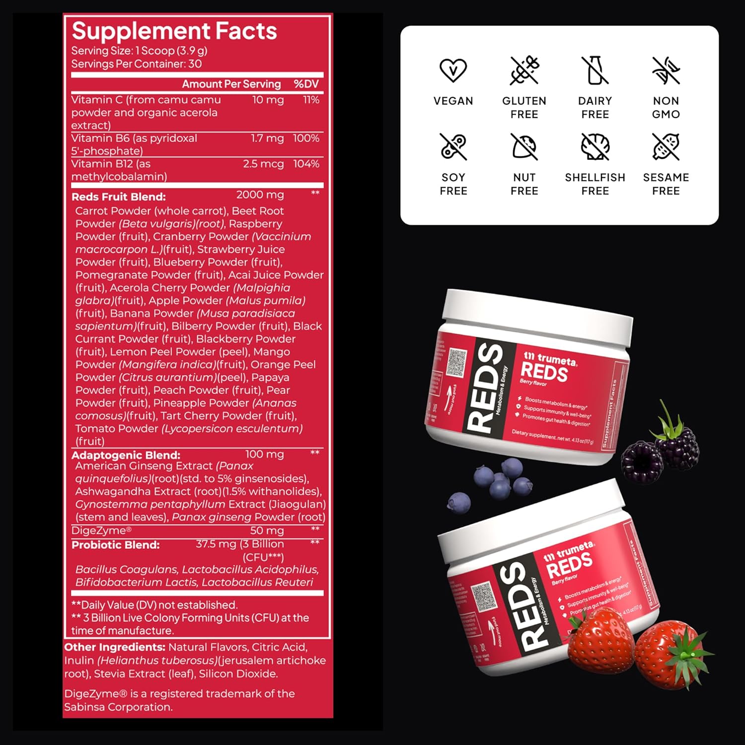 Reds Powder Jar - for Immune Support and Memory I Reds Superfood Powder Antioxidants Polyphenols Blend with Acai Berry, Goji Berry, Pomegranate