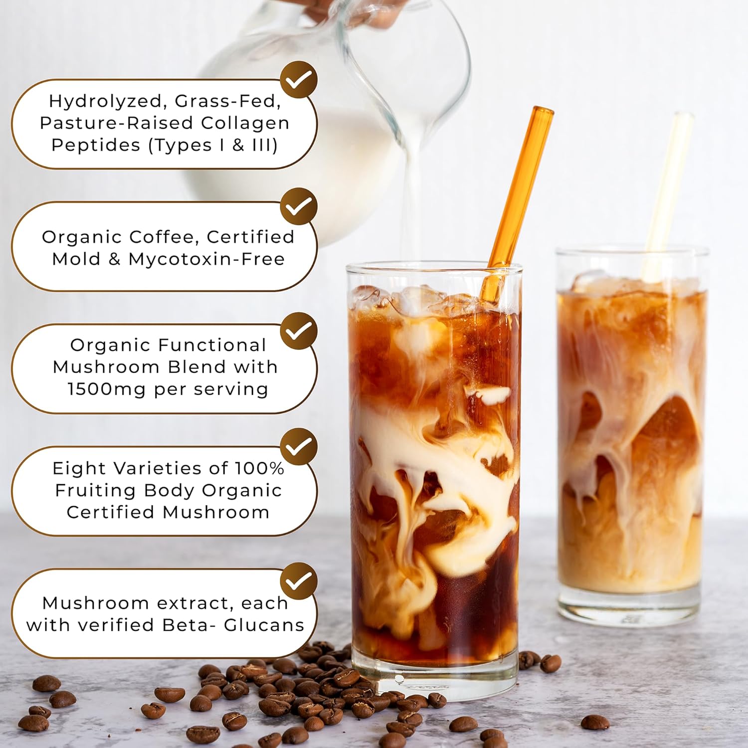 Organic Mushroom Coffee Certified Mold & Mycotoxin-Free GrassFed Collagen Types I & III 8 Fruiting Body Mushrooms Tested for Beta-Glucans Focus Energy Digestion & Immunity 30 Servings