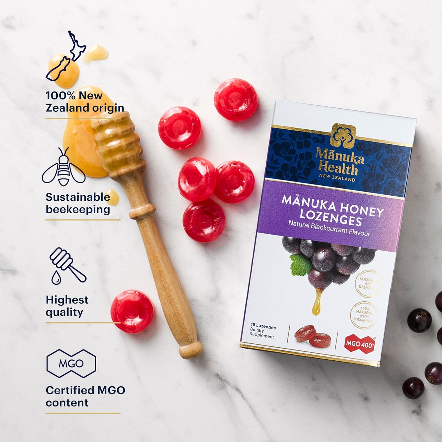Manuka Health Manuka Honey Throat Lozenges - Blackcurrant Flavored Lozenges, 58-Count - Cough Drops Infused with Raw Manuka Honey & Vitamin C for Immune Support