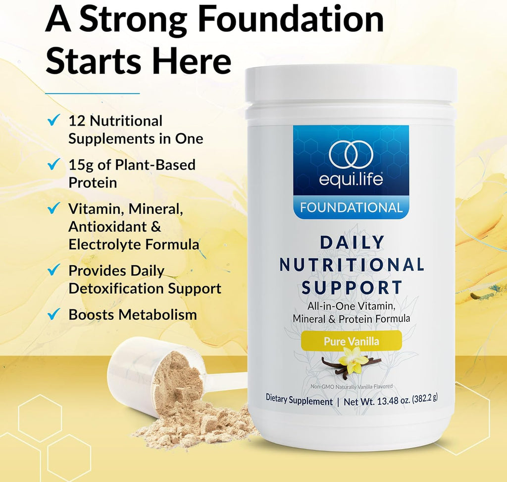 Equilife Daily Nutritional Support, All-in-One Multivitamin Meal Replacement, Pure Vanilla Flavor, 15G Plant Protein, Supports Overall Wellness Including Energy, Digestion, & Skin, 14 Servings Tub
