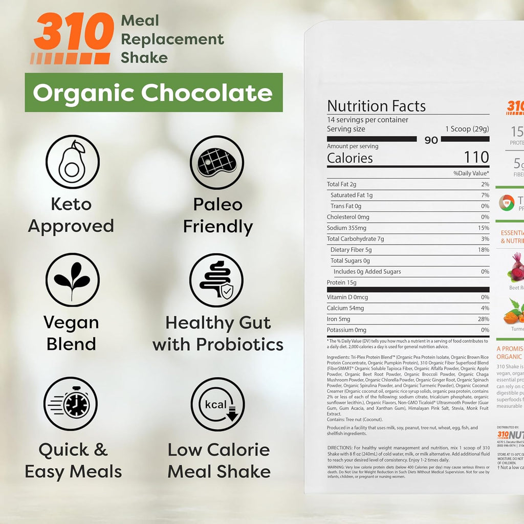 310 Nutrition Organic All-In-One Meal Replacement Shake Powder - Plant-Based Protein Smoothie Blend w/Fiber, Probiotics & Adaptogens - Low Carb, Vegan, Keto & Paleo - Chocolate - 14 Servings