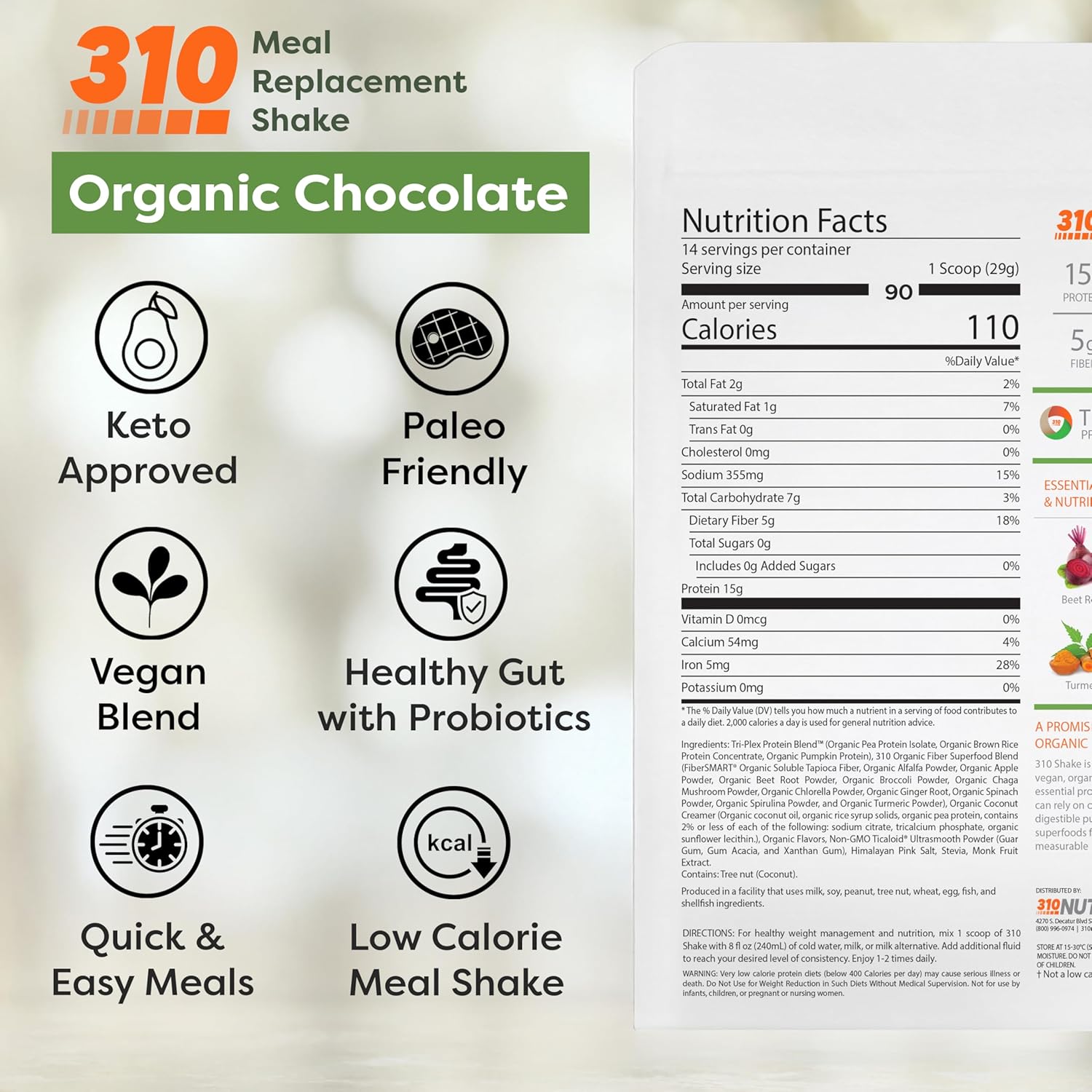 310 Nutrition Organic All-In-One Meal Replacement Shake Powder - Plant-Based Protein Smoothie Blend w/Fiber, Probiotics & Adaptogens - Low Carb, Vegan, Keto & Paleo - Chocolate - 14 Servings